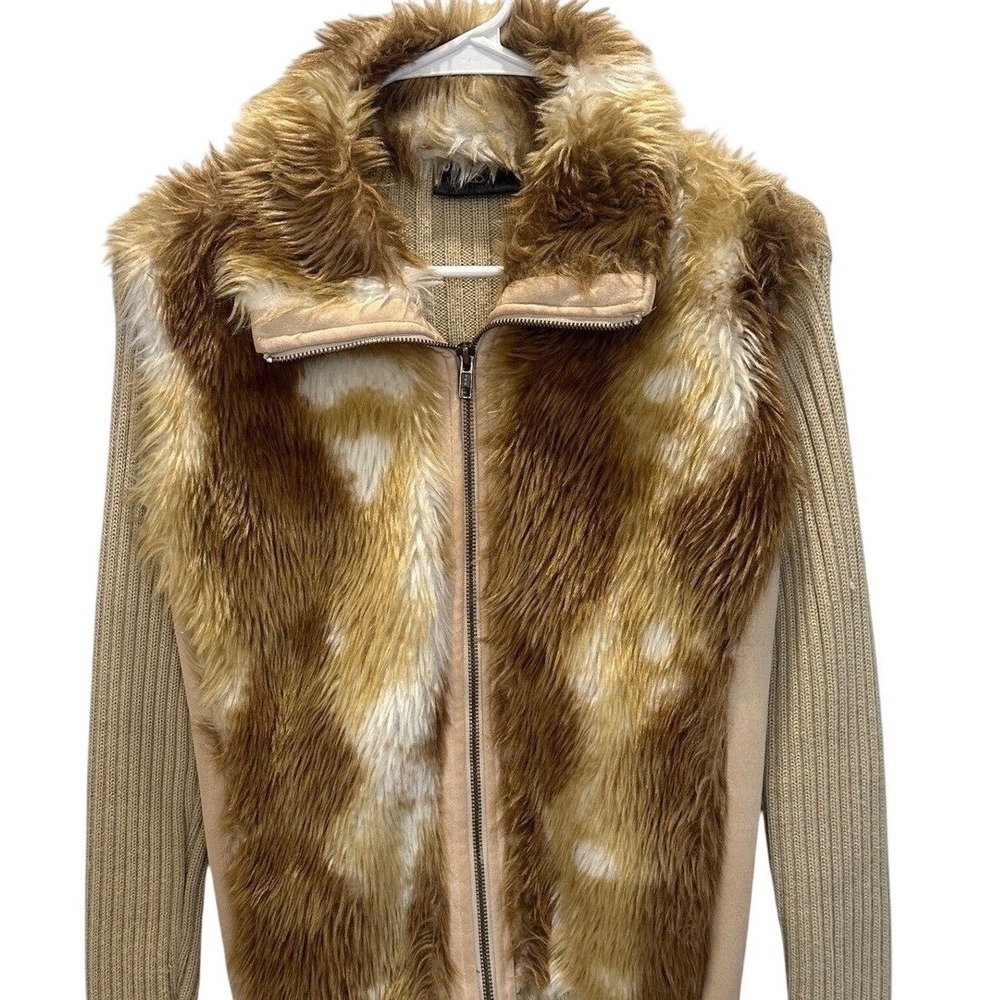 JM Long Y2K Faux Fur Zip Up Sweater Jacket Beige Aspen McBling Womens  Large